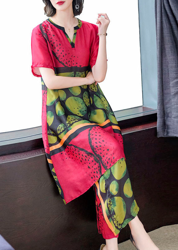 Red Print Tops and Pants Silk Two Pieces Set Summer