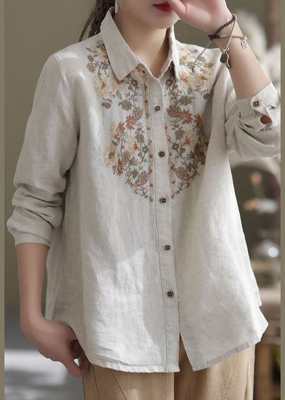 Beige Peter Pan Collar Embroideried Linen Top Spring