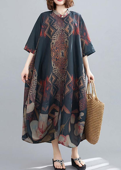 Classy Stand Collar Summer Dresses Ideas Black Abstract Pattern Long Dresses
