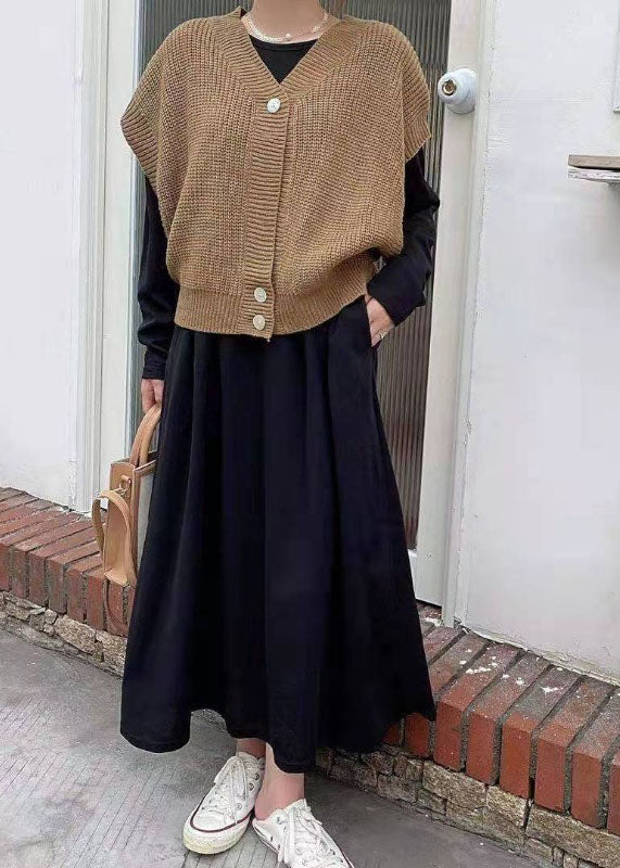 Classy Khaki Knit Vest and O-neck Long Dresses Cotton Two Piece Set Spring