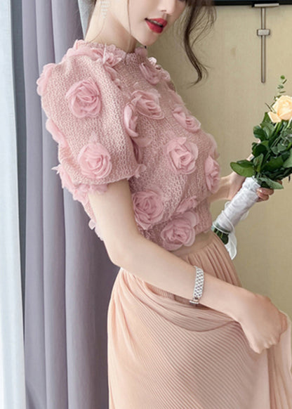 Pink Hollow Out Knit Top Summer