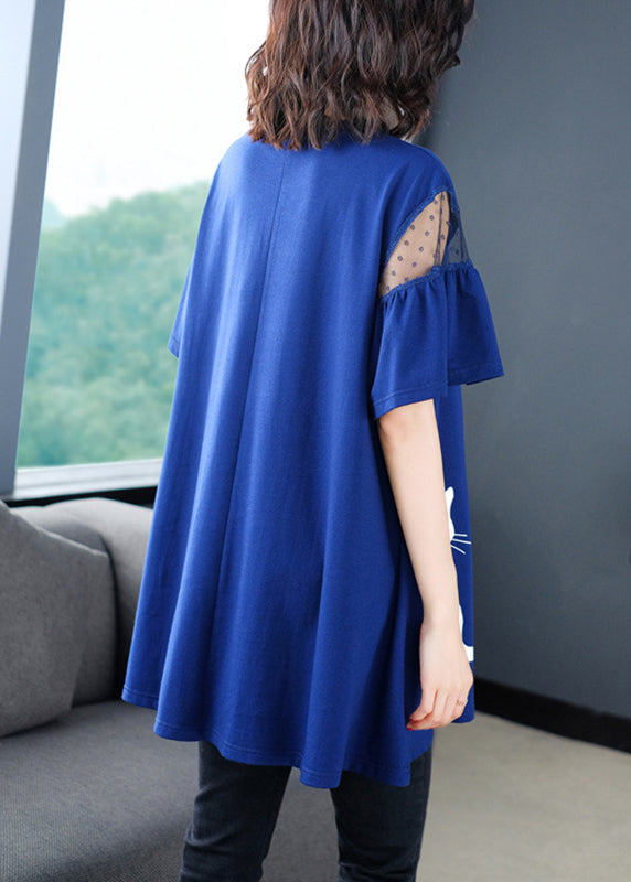 Italian Blue O-neck Print T Shirt Summer