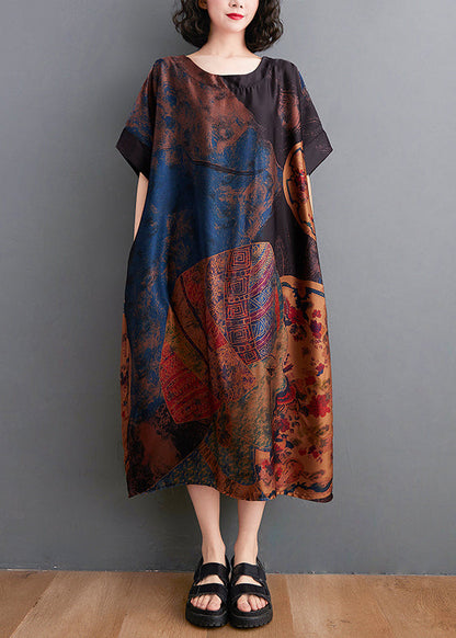 Baggy O-neck Print Chiffon Dresses Short Sleeve