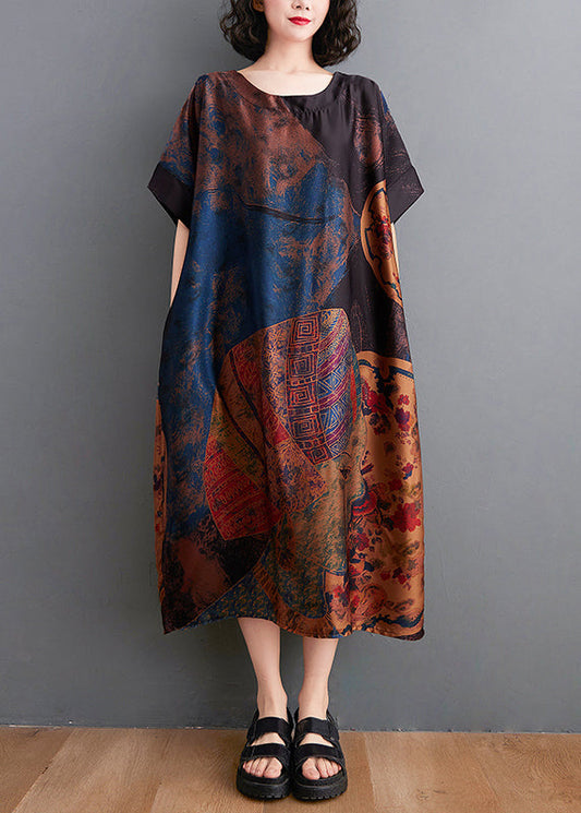 Baggy O-neck Print Chiffon Dresses Short Sleeve