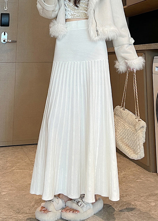 New White High Waist Knit Pleated Skirt