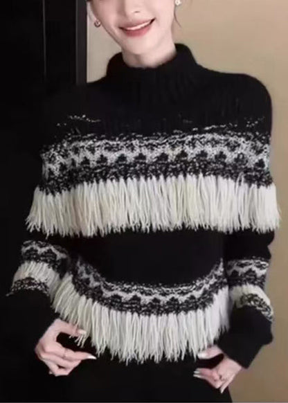 Black Tasseled Striped Knit Pullover Winter