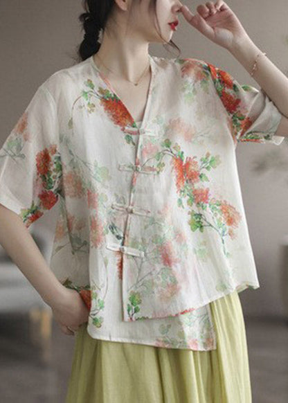 Green V Neck Asymmetrical Print Button Linen Shirts Short Sleeve