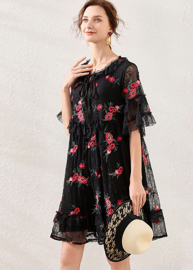 Black Embroideried Patchwork Lace Mid Dress Short Sleeve