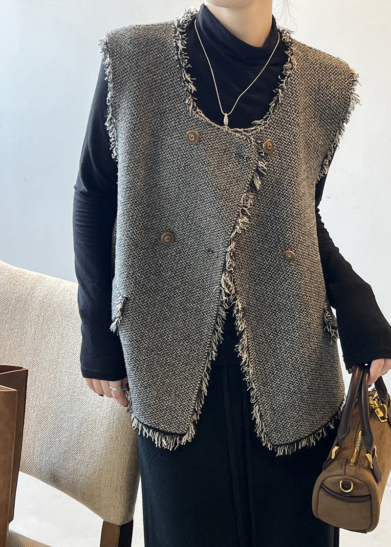 Grey Tasseled Double Breast Knit Vest Sleeveless