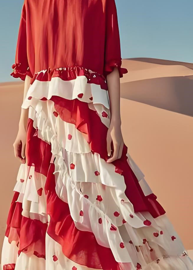 Stylish Red O-neck Ruffled Patchwork Cotton Dress Summer