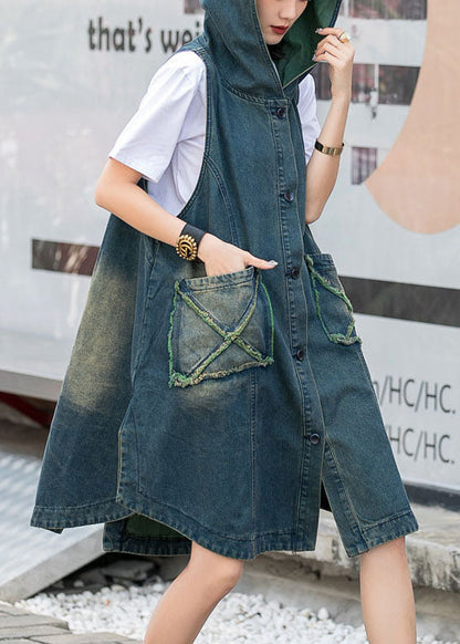 Modern Green Hooded Button Pockets Fall Top Sleeveless Waistcoat