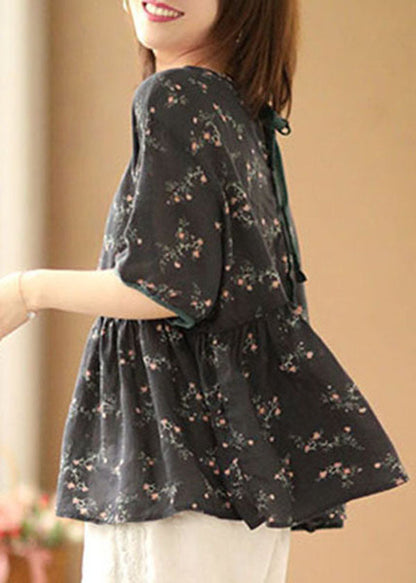 Black O-neck Print Linen Cinch Shirts Short Sleeve