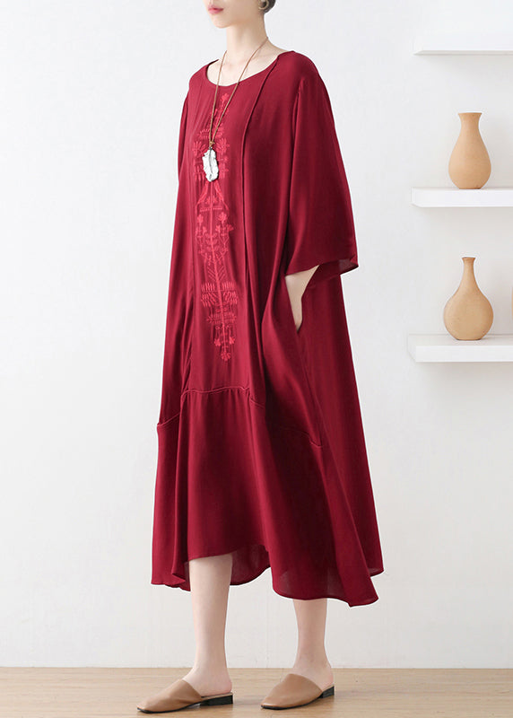 Natural Red O-neck Print Draping Long Dress Fall