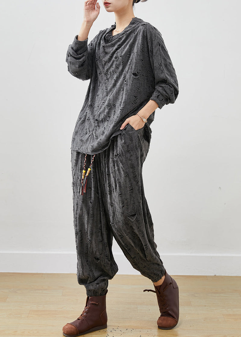 Grey Turtle Neck Cotton Ripped Two Pieces Set Spring