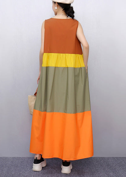 Italian Orange Oversized Patchwork Cotton a Line Dress Sleeveless