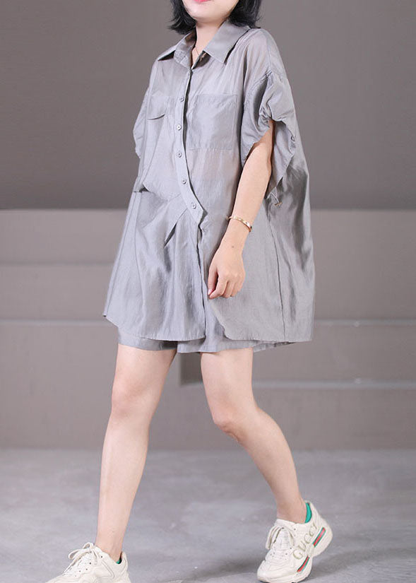 Grey Silk Shirts and Shorts Two Pieces Set Peter Pan Collar Button Wrinkled Summer
