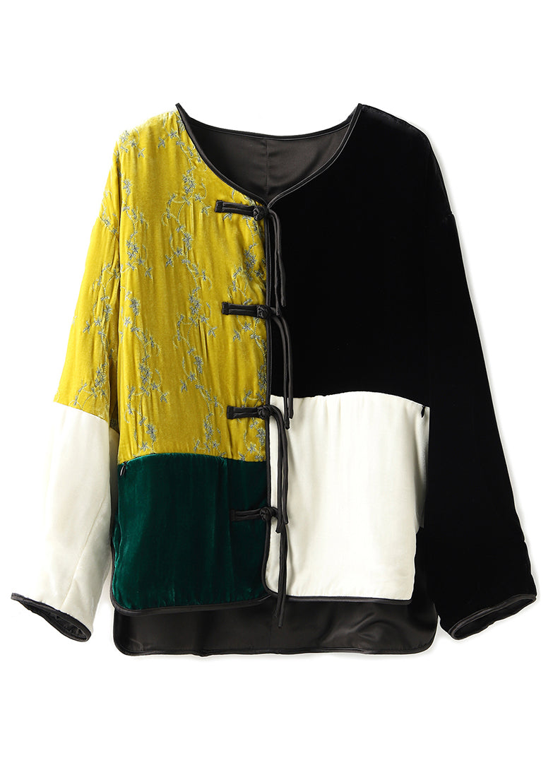Colorblock O Neck Button Patchwork Silk Velour Parka Winter