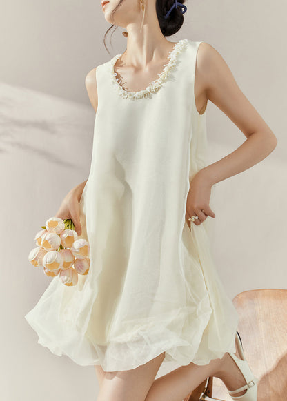 Classy Beige O-neck Patchwork Tulle Mid Dresses Sleeveless