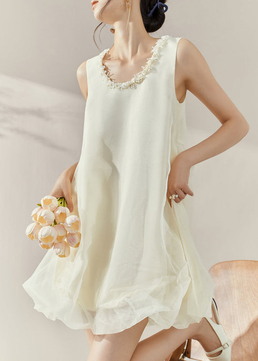 Classy Beige O-neck Patchwork Tulle Mid Dresses Sleeveless