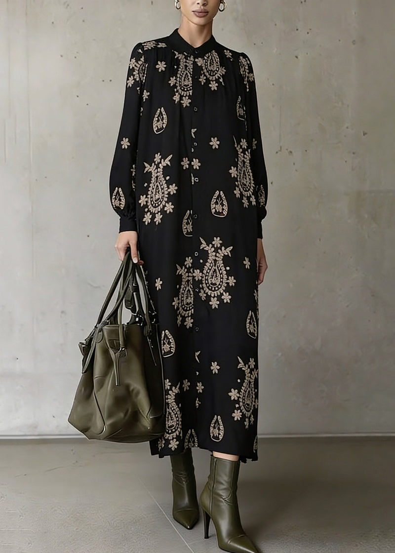 Black Stand Collar Print Ankle Dress Lantern Sleeve