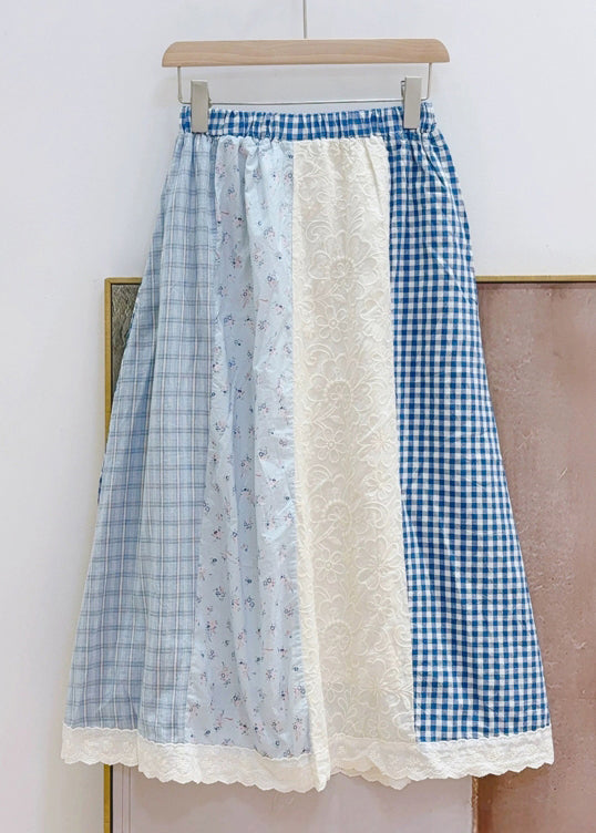 Red Plaid Elastic Waist Patchwork Cotton Skirts Spring