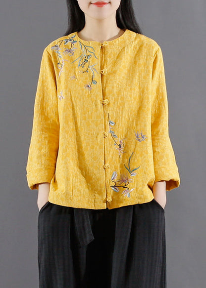 Yellow Embroideried Button Patchwork Cotton Coats Fall