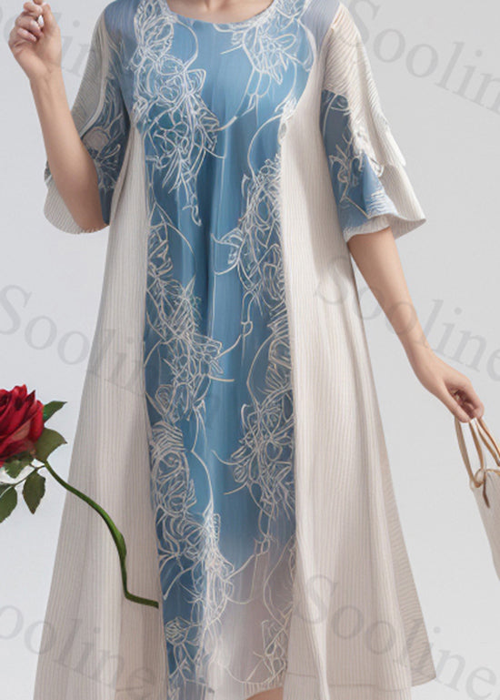 Colorblock O Neck Print Silk Long Dress Summer