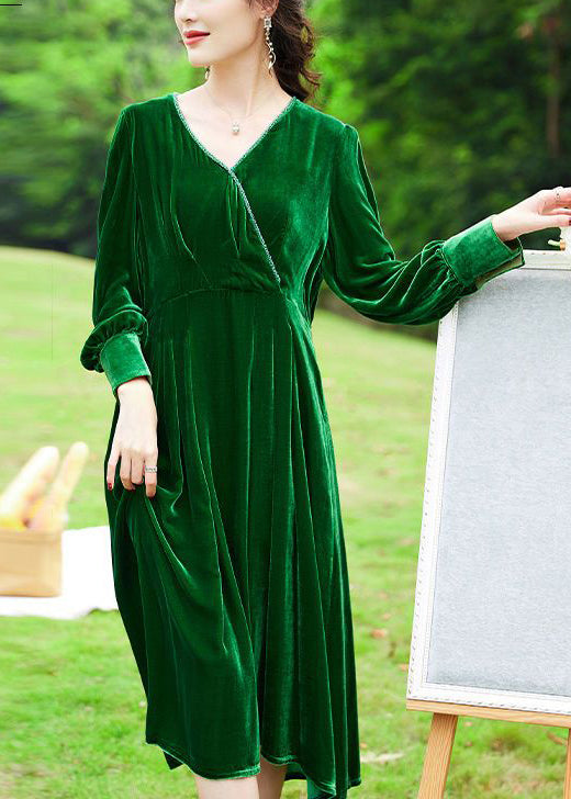 Green V Neck Patchwork Silk Velour Holiday Dress Spring