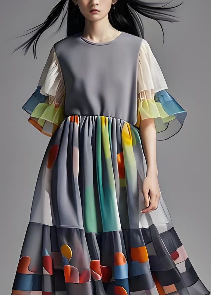 Grey Print Wrinkled Patchwork Chiffon Long Dress Summer