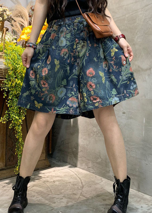 Modern Dark Blue Print Denim Shorts Summer