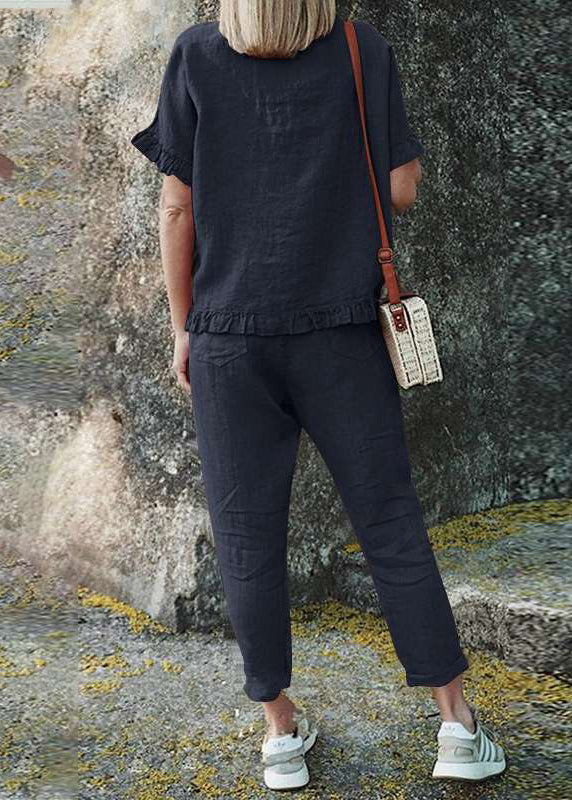 Black Ruffled Patchwork Top and Crop Pants Two Pieces Set Short Sleeve