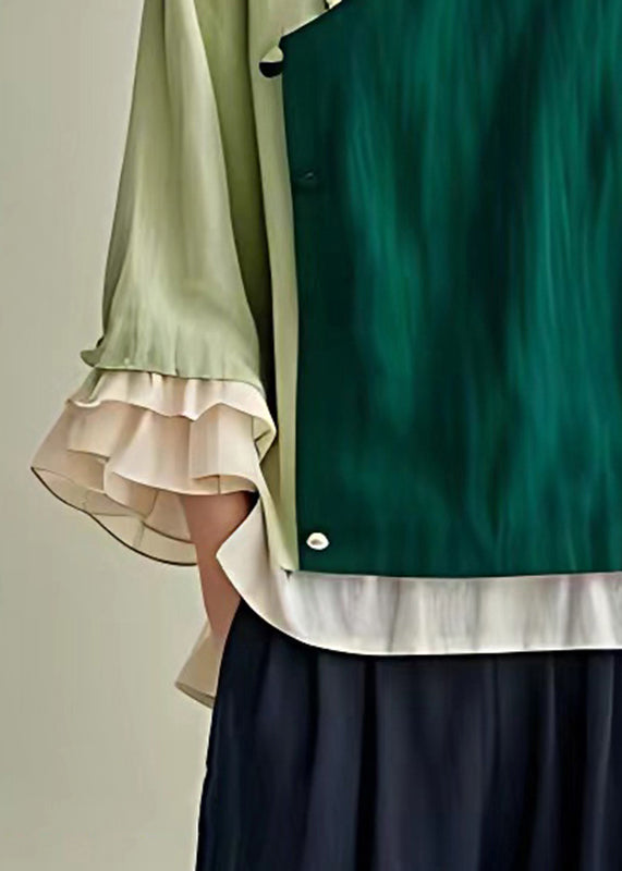 Simple Dark Green O-neck Ruffled Patchwork Shirt Fall