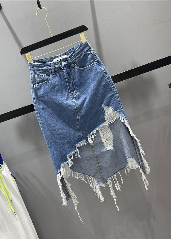 Blue Asymmetrical Pockets Tassel Hole Denim Skirts