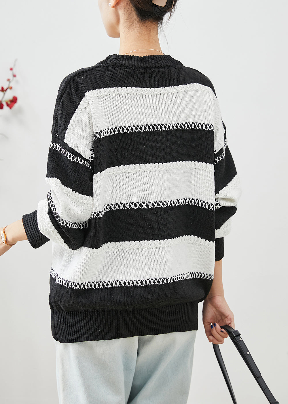 Fitted Black White Striped Letter Embroideried Knitted Tops Winter