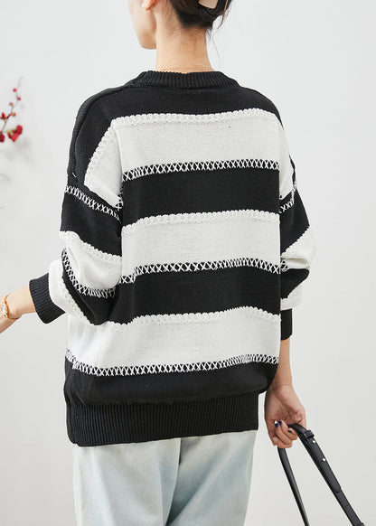 Fitted Black White Striped Letter Embroideried Knitted Tops Winter