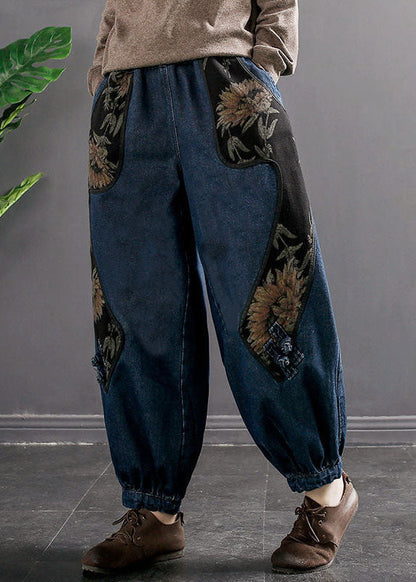 Denim Blue Elastic Waist Embroideried Pockets Cotton Harem Pants Spring
