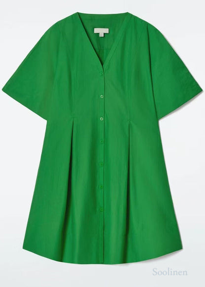 Grass Green V Neck Cotton Work Dress Summer