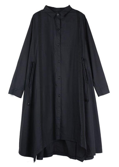 Black Pockets Asymmetrical Design Fall Cotton Long Shirts Long Sleeve
