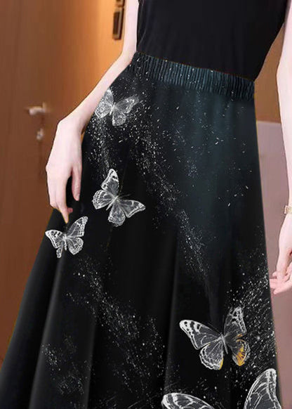 Black Small Butterfly High Waist Maxi Skirts Spring