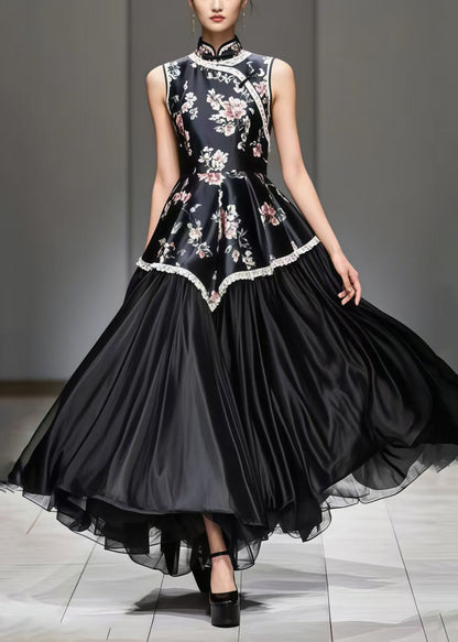 New Retro Black Print Patchwork Exra Large Hem Silk Oriental Dress Sleeveless