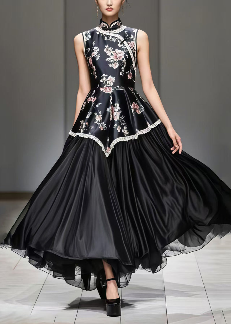 New Retro Black Print Patchwork Exra Large Hem Silk Oriental Dress Sleeveless