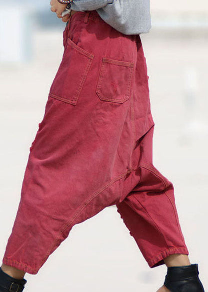 Red Pockets Patchwork Denim Harem Crop Pants Spring