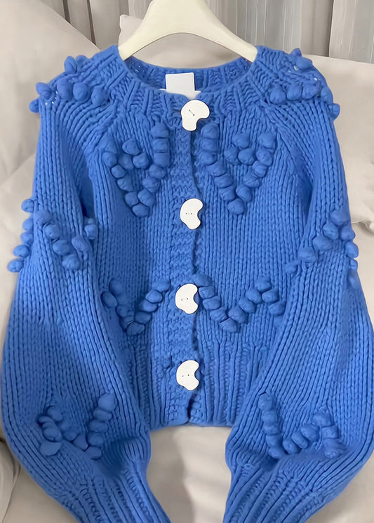 Blue O-neck Button Cotton Knit Cardigan Fall