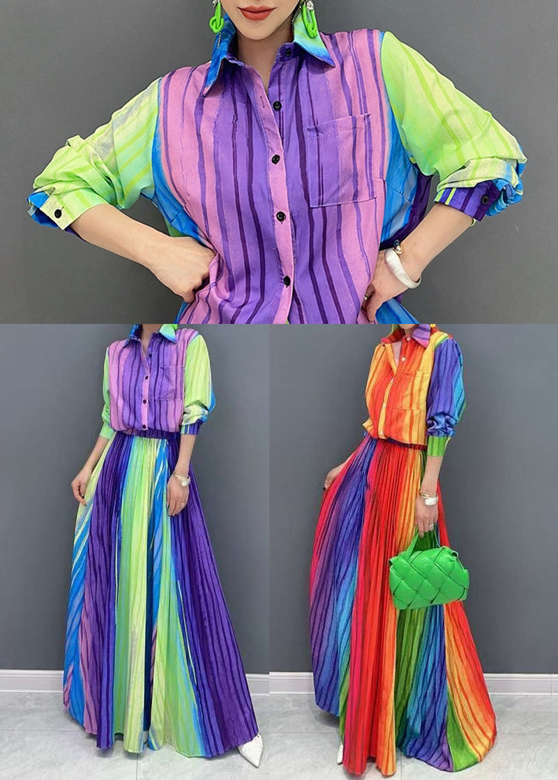 Gradient Color Striped Cotton Pleated Sets 2 Pieces Fall