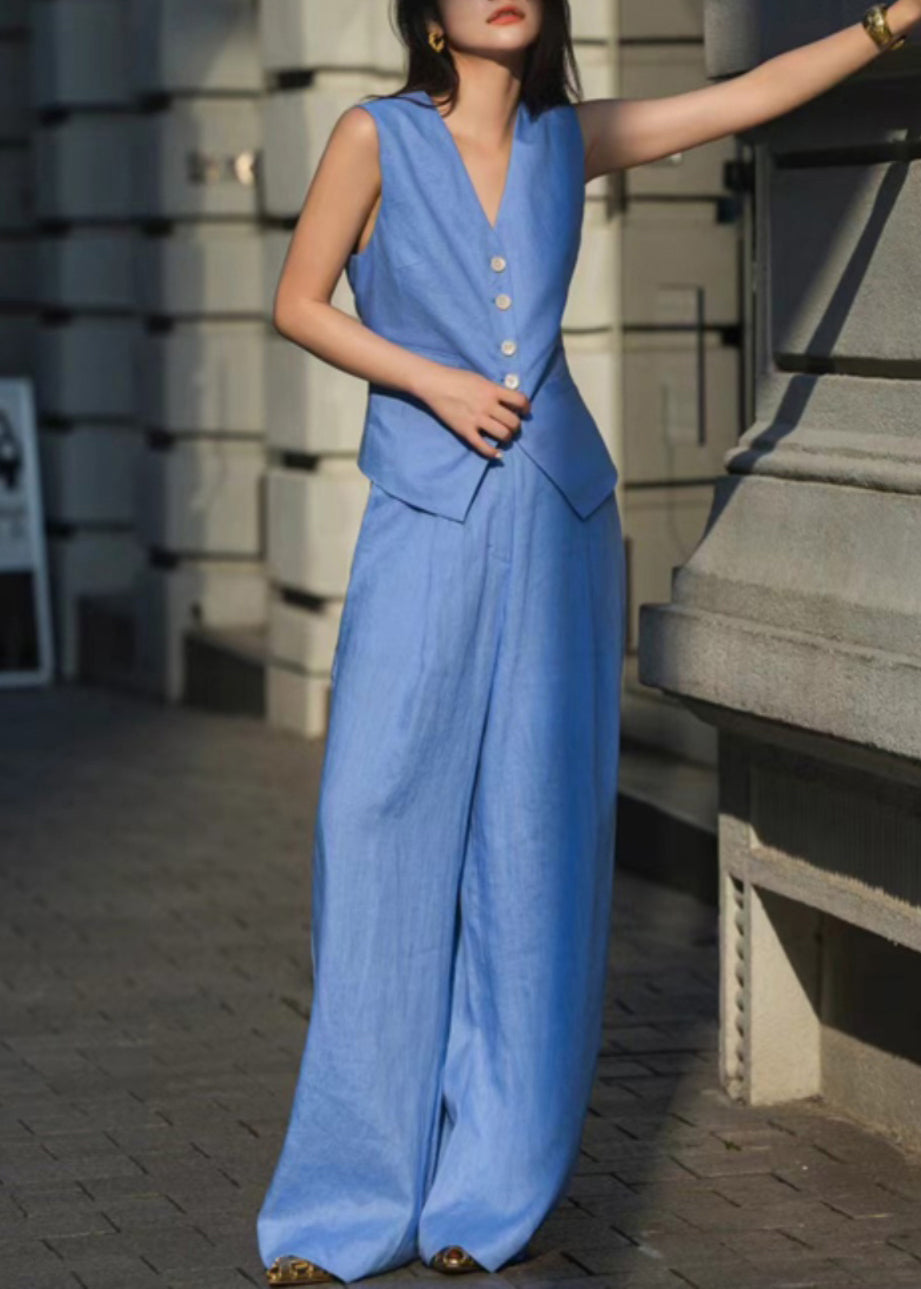 French Blue Tops and Pants Linen Two Pieces Set Sleeveless Summer