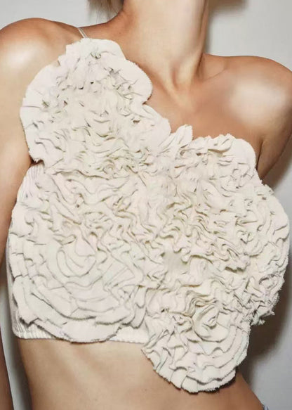 Novelty White Wrinkled Cotton Spaghetti Strap Tank Sleeveless