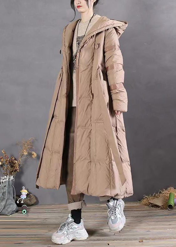Khaki Hooded Tie Waist Patchwork Duck Down Long Coat Winter