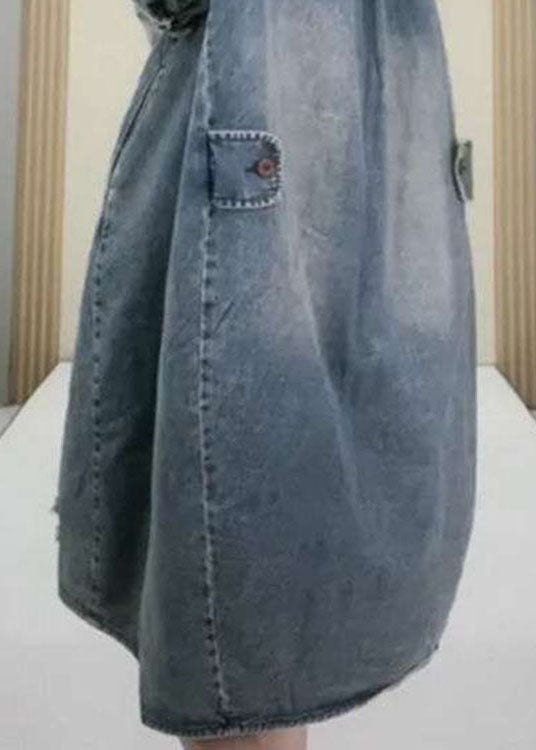 Natural Blue Peterpan Collar Button Pockets Hole Fall Long Sleeve Denim Party Dress