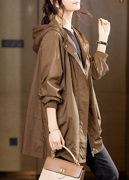 Coffee Hooded Pockets Patchwork Cotton Coats Fall