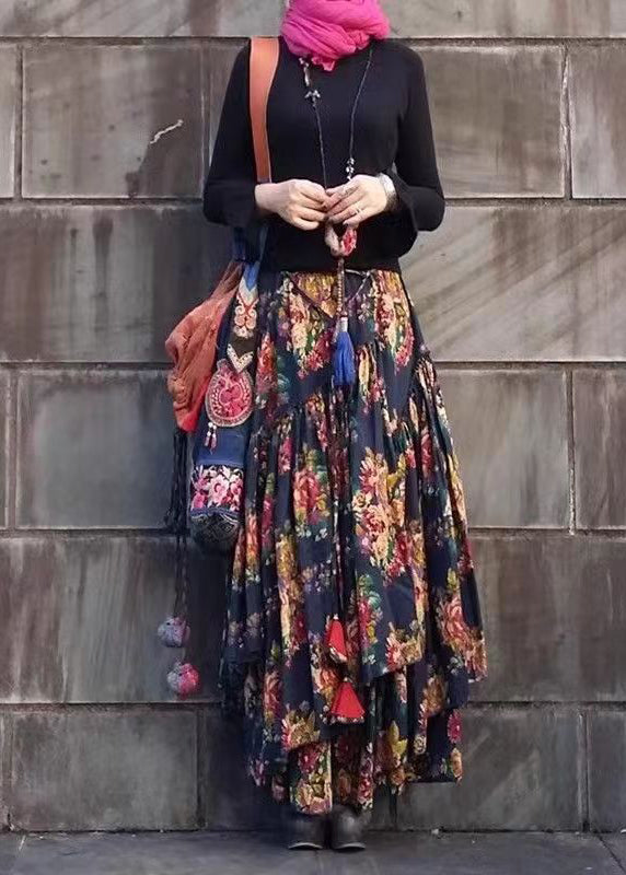Style Printed Cotton Large Hem Asymmetrical Skirt Spring